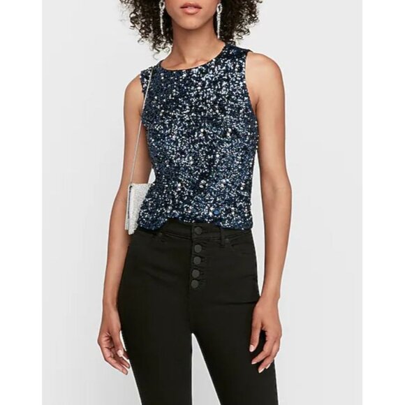 Express Womens Metallic Sequin Embellished Tank Top Size S Navy Blue Preppy Chic - Picture 1 of 12